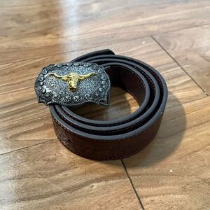 Brown Leather Belt with Ornate Buckle
